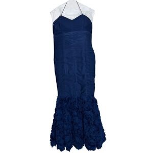 JS‎ Collections Mermaid Gown Womens 10 Navy Blue Pleated Rosette Formal Dress